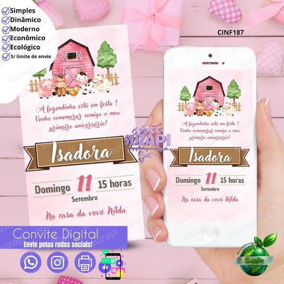 Convite Fazendinha Rosa Digital Virtual Whatsapp