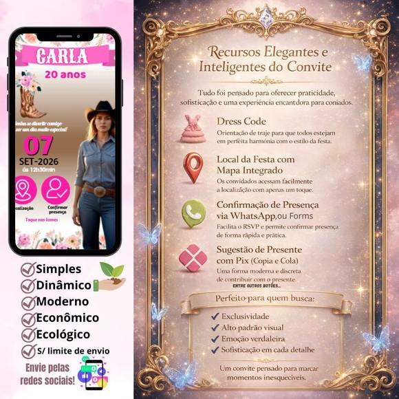 Convite Interativo Classico Country Rosa + Brinde