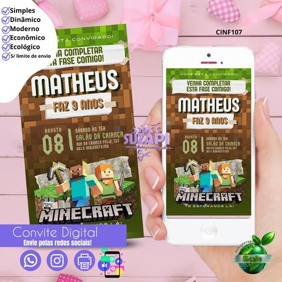 Convite Minecraft 3 Digital Virtual Whatsapp