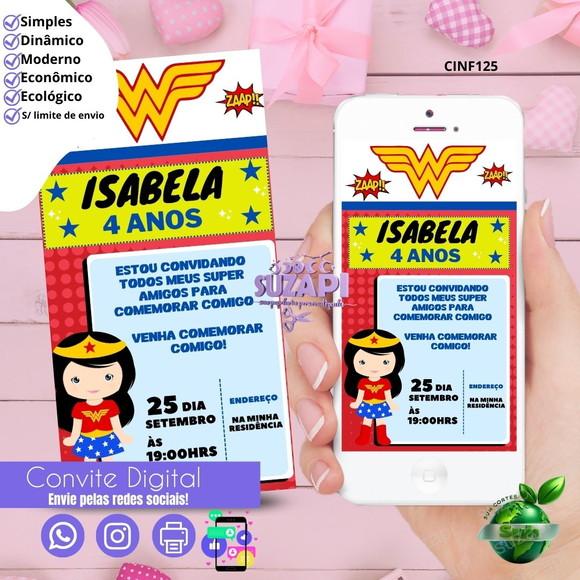 Convite Mulher Maravilha Cute Digital Virtual Whatsapp