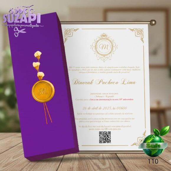 Convite Pergaminho 15 Anos Roxo com Dourado + Lacre de Cera