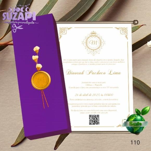 Convite Pergaminho 15 Anos Roxo com Dourado + Lacre de Cera