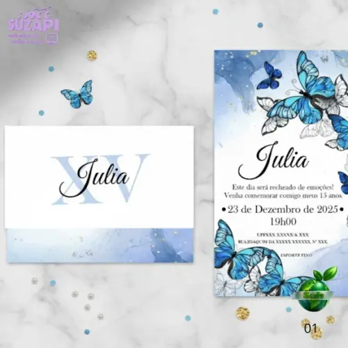 Arte Digital Convite 15 Anos Borboletas Azul