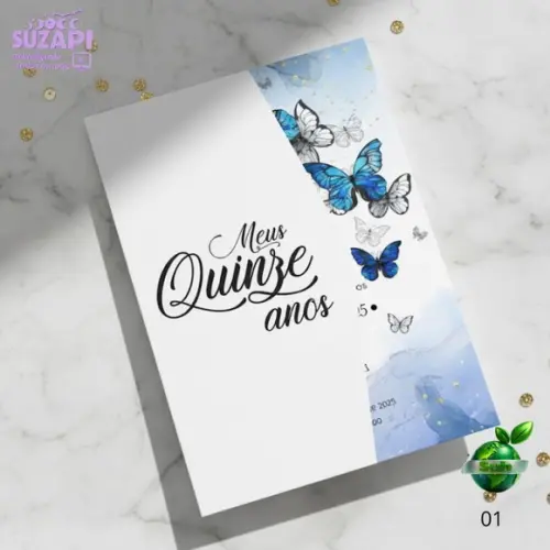 Arte Digital Convite 15 Anos Borboletas Azuis Corte Especial