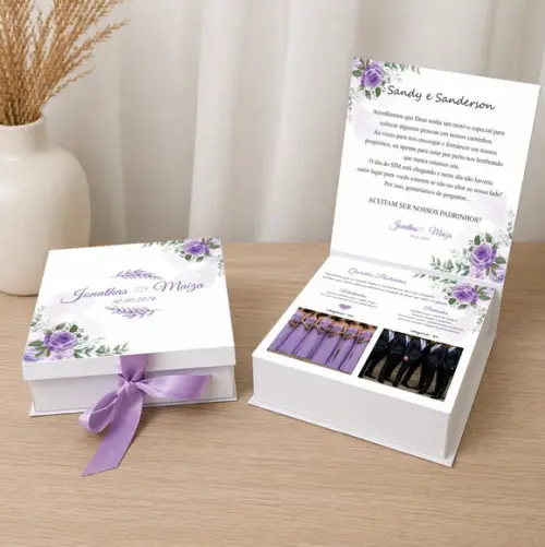 Caixa Convite para Padrinhos Casamento Lavanda + Brindes