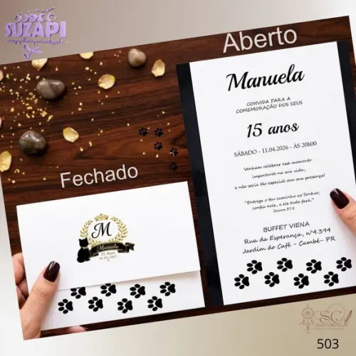 Convite 15 Anos A5 Gato Preto