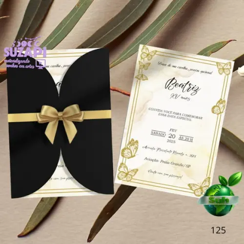 Convite 15 Anos Preto e Dourado com Laço