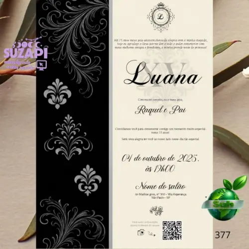 Convite 15 Anos Preto e Prata com Laço
