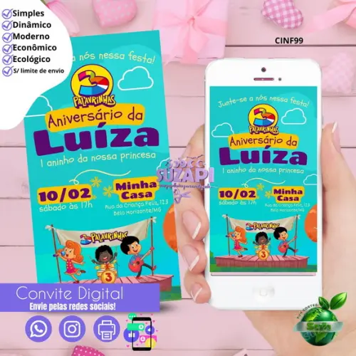 Convite 3 Palavrinhas Digital Virtual Whatsapp