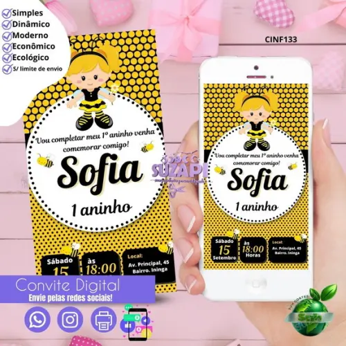 Convite Abelhinha 4 Digital Virtual Whatsapp