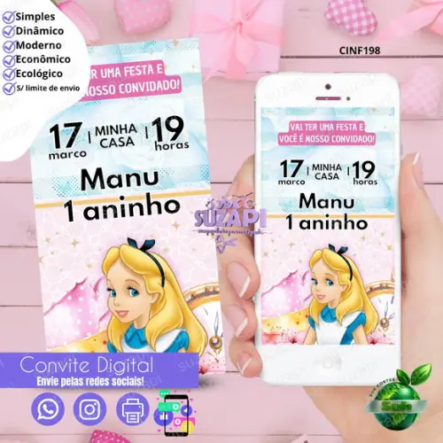 Convite Alice no País das Maravilha Digital Virtual Whatsapp