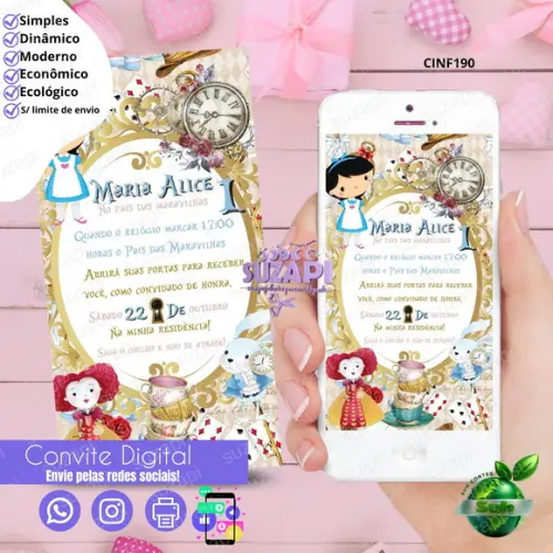 Convite Alice no Pais das Maravilhas Digital Virtual Whats