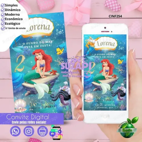 Convite Ariel Pequena Sereia Digital Virtual Whatsapp