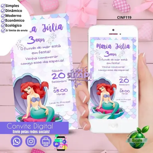 Convite Ariel Pequena Sereia Digital Virtual Whatsapp