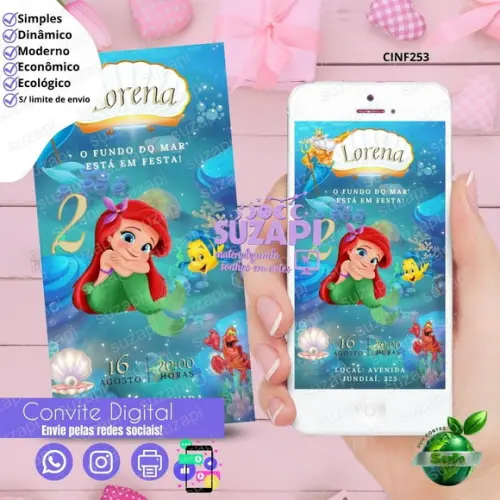 Convite Ariel Pequena Sereia Digital Virtual Whatsapp