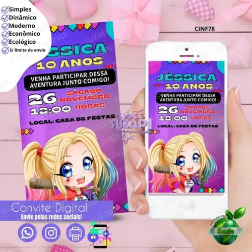 Convite Arlequina Cute 2 Digital Virtual Whatsapp