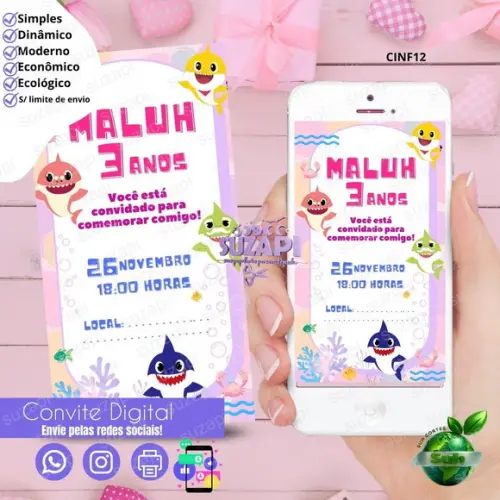 Convite Baby Shark 3 Digital Virtual Whatsapp