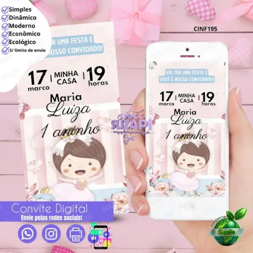 Convite Bailarina Aquarela Digital Virtual Whatsapp