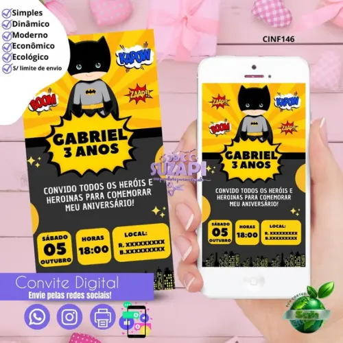 Convite Batman Cute Digital Virtual Whatsapp