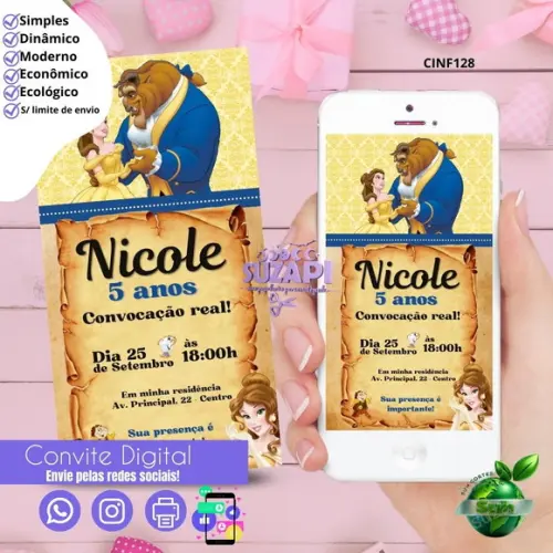 Convite Bela e a Fera Digital Virtual Whatsapp