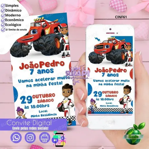 Convite Blaze e as Monster Machines Digital Virtual Whatsapp