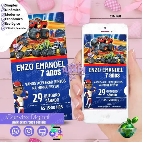 Convite Blaze e as Monster Machines Digital Virtual Whatsapp