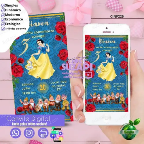 Convite Branca de Neve Digital Virtual Whatsapp