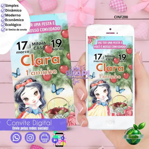 Convite Branca de Neve Digital Virtual Whatsapp