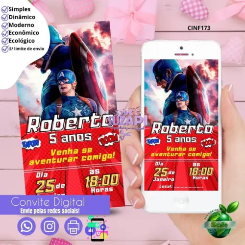 Convite Capitão América Digital Virtual Whatsapp