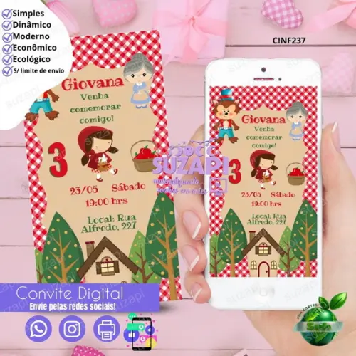 Convite Chapeuzinho Vermelho Digital Virtual Whatsapp