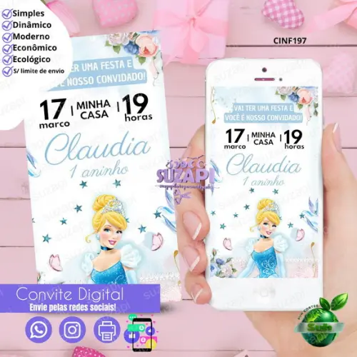 Convite Cinderela Cute 2 Digital Virtual Whatsapp