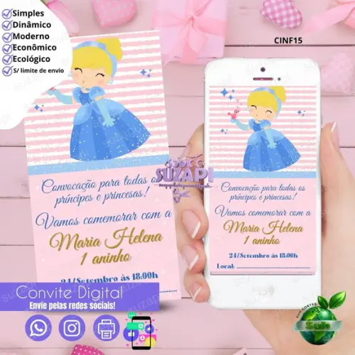Convite Cinderela Cute Digital Virtual Whatsapp