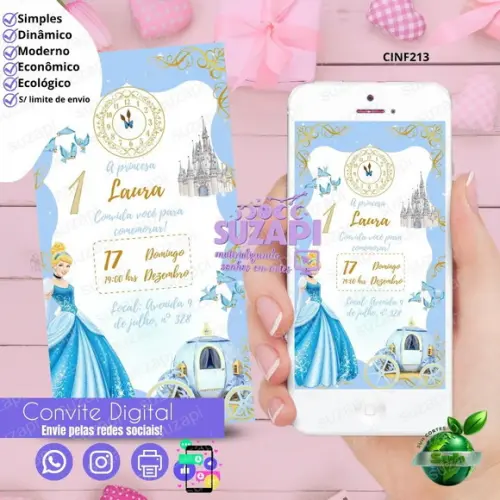 Convite Cinderela Digital Virtual Whatsapp