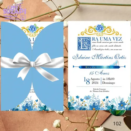 Convite de 15 Anos com Azul Claro com Laço