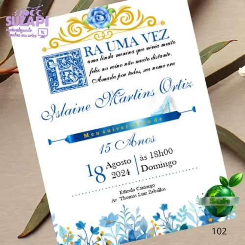 Convite de 15 Anos com Floral Azul com Lacre de Cera