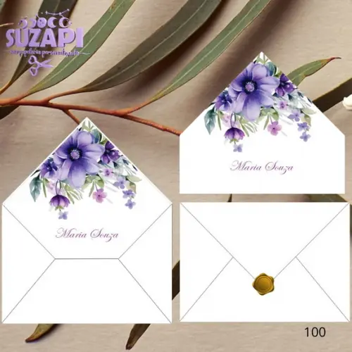 Convite de 15 Anos com Floral Lilás com Lacre de Cera