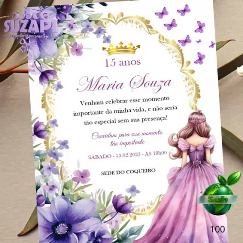Convite de 15 Anos com Floral Lilás com Lacre de Cera