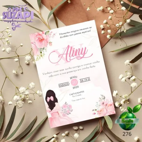 Convite de 15 Anos com Floral Rosa