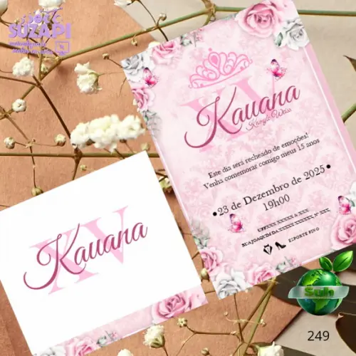Convite de 15 Anos com Floral Rosa com Borboleta