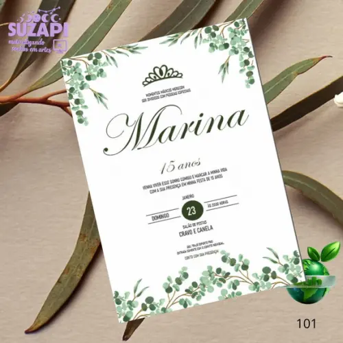 Convite de 15 Anos com Folhas Verdes com Lacre de Cera