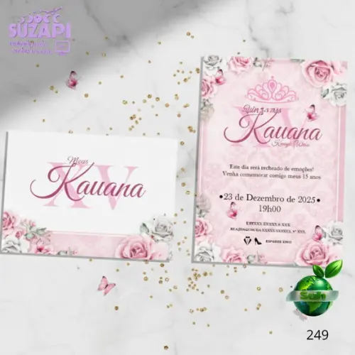 Convite de 15 Anos com Floral Rosa com Borboleta
