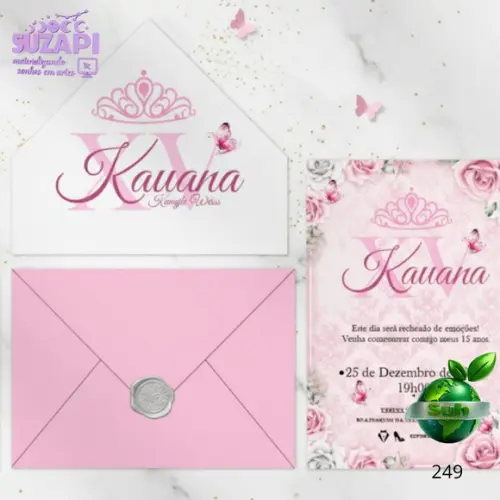 Convite de 15 Anos Floral Rosa com Lacre de Cera