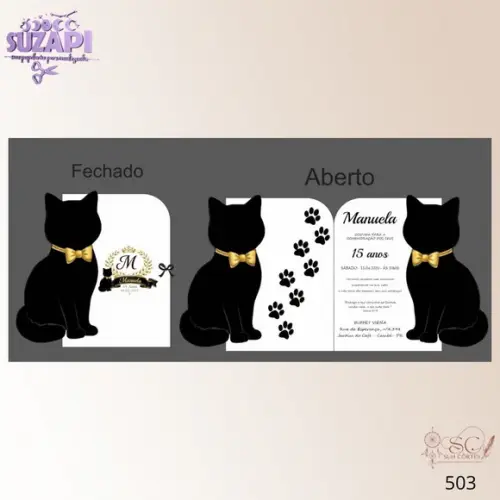 Convite de 15 Anos Gato Preto Corte Laiser Especial