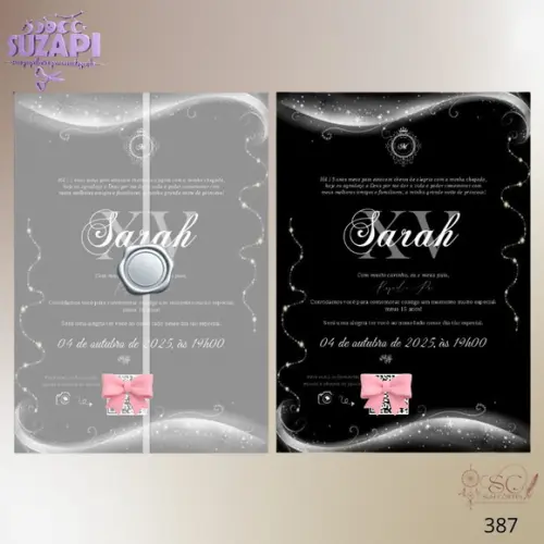 Convite de 15 Anos Preto e Prata Envelope Vegetal Especial