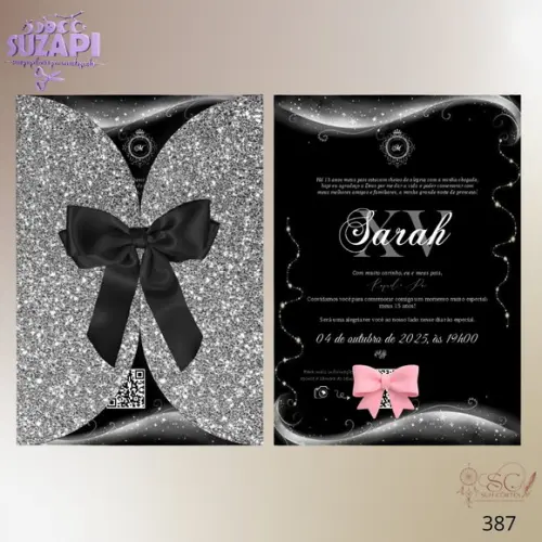 Convite de 15 Anos Preto com Envelope Glitter Especial