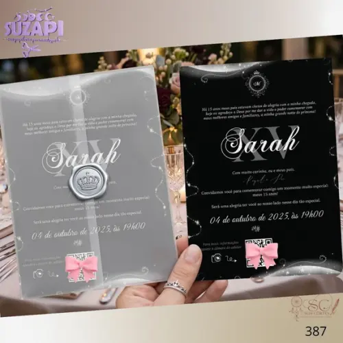 Convite de 15 Anos Preto e Prata Envelope Vegetal Especial