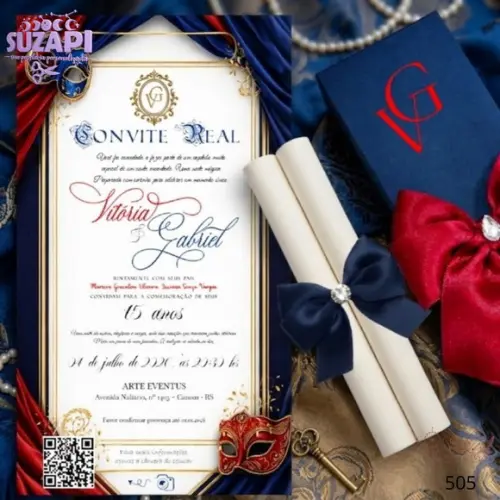 Convite de 15 Anos Realeza Vermelho e Azul Marinho Especial