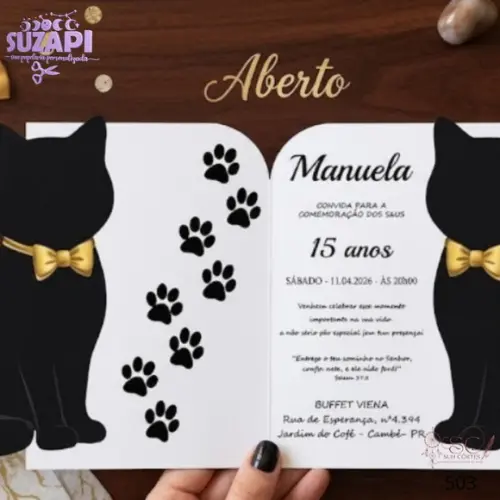 Convite de 15 Gato Preto Corte Laiser Especial