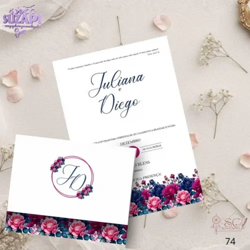 Convite de Casamento Azul Amarinho c Fucsia Tam A5