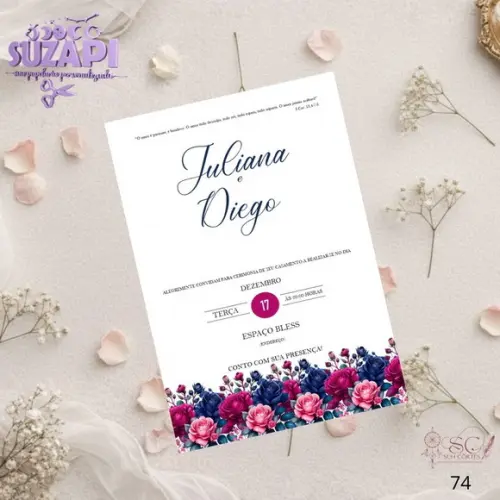 Convite de Casamento Azul Amarinho c Fucsia Tam A5